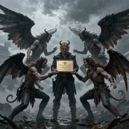 Demons attacking angels in the air cloudy rainy award winning, trending on artstation, unreal engine