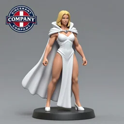 80mm resin detailed miniature of a Very Muscular Queen, long white cape, light skin, short blonde hair, Company logo in upper left corner; Miniature product Photo,  4K, Full body
