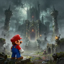 concept art of mario from super mario bros in a ruined kingdom, resident evil, horror, occult, terror, mist, volumetric render, zoomed out wide angle digital painting, detailed painting