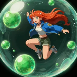 madeline from celeste jumping to a green jelly bubble, ( ( ( blue bubble jacket ) ) ) ( ( ( red long hair ) ) ), highly detailed, digital painting, artstation, concept art, sharp focus, illustration, art by greg rutkowski and alphonse mucha