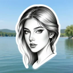 tattoo design sketch of a beautiful woman face against a background of lago di sorapis, hyper - realistic, in the style of den yakovlev, amazing detail, black and white