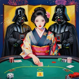 hyperrealism composition of the detailed woman in a japanese kimono sitting at an extremely detailed poker table with darth vader, fireworks and folding screen on the background, pop - art style, jacky tsai style, andy warhol style, acrylic on canvas
