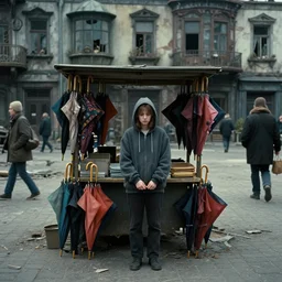 medium shot | sadie sink in hoodie | lonely market stall selling umbrellas | in ruined square, pedestrians on both sides | steampunk tenement windows in background : 3 5 mm film, anamorphic, from schindler's list by steven spielberg. cyberpunk, cinematic atmosphere, detailed and intricate, perfect anatomy