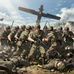 calvary soldiers heroic final charge to their deaths. hyperrealistic anime background illustration by kim jung gi, colorful, extremely detailed faces, intricate linework, smooth, super sharp focus, bright colors, high contrast, matte, octopath traveler, studio ghibli, unreal engine 5 highly rendered, global illumination, radiant light