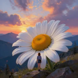 giant daisy flower head, girl hiking in the mountains, surreal photography, sunrise, dramatic light, impressionist painting, colorful clouds, digital painting, artstation, simon stalenhag