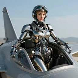metallic female robot fighter pilot with shiny metal parts poses in jet cockpit