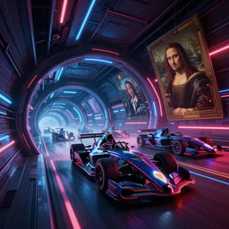 F-zero ships competition hight tech tunnel highlights 8k resolution unreal engine hiperrealistic neon glow darkness dramatic hdr by by Anita Kunz, Leonardo da Vinci, Peter Mohrbacher, Tomasz Jedruszek and Jakub Różalski
