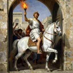 painting of yair lapid holding a flaming torch and riding a white mule at the gates of jerusalem, in the style of michaelangelo, intricate, high detail