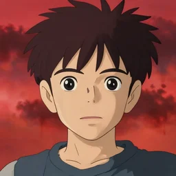 Boy with neutral face, highly detailed face, red bloody sky, made by Studio Ghibli, back light, highly detailed art, beautiful scene, sharp focus, smooth, 8k
