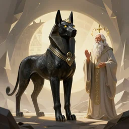 story creative figurative gwent illustration, mystic black sphinx and prophet elder, in geometric elemental environment, high detail, vibrant colors, by sija hong, yoshitaka amano, bastien deharme, james jean, masterpiece, sharp focus, cinematic lightning