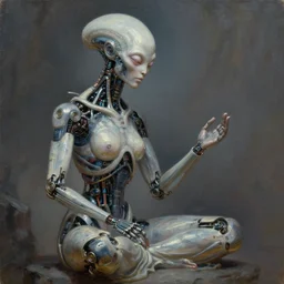 a biomechanical android alien robot female buddha teaching humans on enlightenment, concept art, intricate detail, volumetric shadows and lighting, oil painting by alex grey,