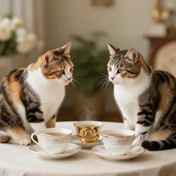 two calico cats and a tabby cat enjoy cups of tea together at an upscale party, award winning photo