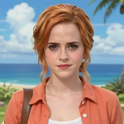 full length headshot Emma Watson cosplaying as Nami from One Piece