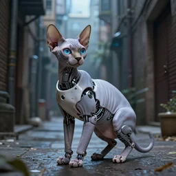 a robotic sphynx cat!!, in a cyberpunk alleyway by sandro botticelli