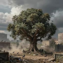 tilt shift, 1 9 1 2 wwi, huge tree in a city, crows, dirt and dust, mold, cumulonimbus behind, smoke, film still 3 5 mm, 3 2 k, colorized photo, dystopian environment, intricate, highly detailed, painting, artstation, concept, smooth, sharp focus, illustration, artgerm