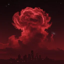uncanny cloud formations, starry night, deep red, sky photo from alien city, andromeda in the background, high contrast, albert bierstadt, octane render, film grain, volumetric lighting, specular highlights, ray tracing, 4 k