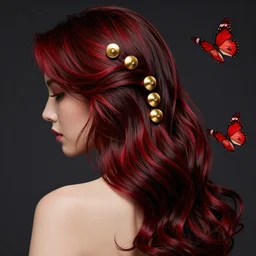 an art of a beautiful hair after using kerastase. golden buttons, red lining. dark background. next to red butterflies. digital art by Dan Mumford and Peter Mohrbacher, highly detailed, trending on ArtStationHQ