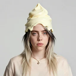 a hyper realistic render of billie eilish wearing a melting ice cream cone as a hat, au naturel