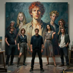 giant masterpiece artwork stands in front of human artist, cinematic moody colors, realistic shaded lighting poster by ilya kuvshinov, magali villeneuve, artgerm, jeremy lipkin and michael garmash and rob rey