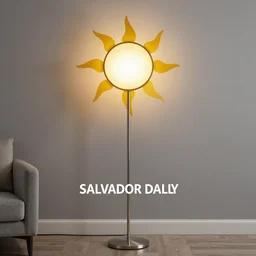 floor standing lamp in the shape of a sun with yellow accents designed by salvador dally, advertising photography, luxury home design