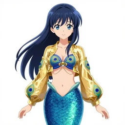 an anime of a mermaid with a fish body, wearing a gold blue peacock crop top jacket coat, art by yuji ikehata and satoshi kon, background art by miyazaki, realism, proper human proportions, vhs