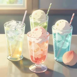 a still life painting of cold drinks, ice cream, peach embellishment, in the style of makoto shinkai, dreamy, soft, global illumination, radiant light, intricate environment, luminescence, highly detailed, 8 k