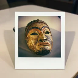 polaroid of a tribal mask on a table, golden hour
