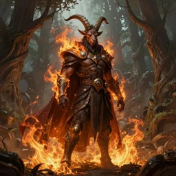 male brown-skinned Tiefling Hexblade with small goat horns and a cape surrounded by fire, epic wallpaper, wide shot, high fantasy, trees, intricate detail, digital painting, artstation, concept art, smooth, sharp focus, illustration, art by monia merlo and wlop and artgerm and craig mullins