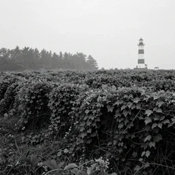 black and white, cinematic, landscape covered in vines, hazy, distant forest, ultra detailed, pieter bruegal, returnal, extra teeth, lighthouse in distance, biome