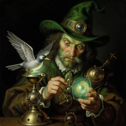 a baroque close - up portrait painting of a dark green whimsical steampunk wizard fixing a glowing sci - fi time machine bird. black background. highly detailed science fiction painting by norman rockwell, moebius, frank frazetta, and syd mead. high contrast. renaissance masterpiece. artstation