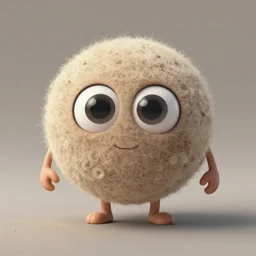 a living ball of dust with cute big eyes, small legs and arms against a background of muted colors, realistic, 8k, photo
