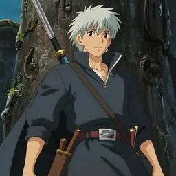 a shot of dante from devil may cry in howl's moving castle movie, movie shot, anime, hightly detailed, rescalated 4 k, detailed