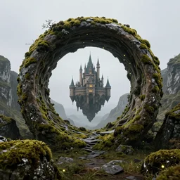 looping wormhole, quantic fisical castle floating high moss mountains inside hollow jewelry mine, fireflies, clean sky, hight contrast, void, 8 k resolution, unreal engine 5, hyper - detailed, perspective view, 2 4 mm lens, by simon bisley, beeple, justin gerard