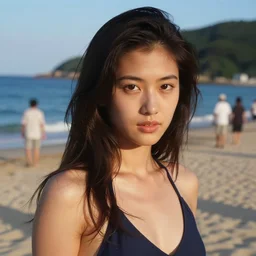 90s Japan, Professional photograph, some people in the beach, summer.
