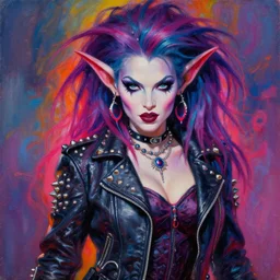 portrait of an apocalyptic demonic female goblin witch curvy biker babe character, cool pose, psychedelic vibrant colors, futuristic punk rock fashion, oil painting by michael whelan art, sharp focus, realistic, detailed eyes, hot girl, perfect face, 8 0 s hair, studded leather jacket, 8 k, artgerm