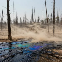a dry and dead forest in an ocean of iridescent oil, oil spill, dust, dirt, wind, advertising photography, 8 k, by nadav kander