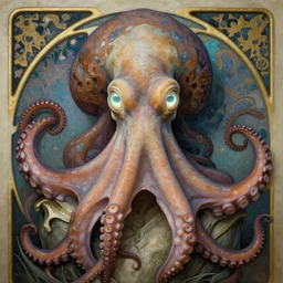 beautiful and exotic octopus queen bust portrait, glowing big eyes, art nouveau declotage, perfect symmetrical facial features, hyperrealistic bone structure, extremely hyperdetailed, mixed media painting, unreal engine, 8 k, octane, 8 mm, by travis charest, rodney matthews and chris achilleos