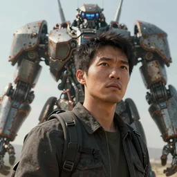 a concept art illustration, portrait, close up shot, an asian man with backpack, on a large mechanical rusty biome, low angle shot, style by dylan cole and feng zhu and wlop, unreal engine, trending in artstation, octane render, ultra sharp, 8 k