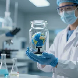 a scientist holding a jar, inside the jar is a tiny globe!!!!!!!!!!, in a laboratory, digital art, artstation