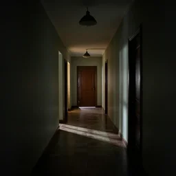 very long hallway in a house, very creepy, dim lights, door at the end
