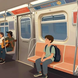 lofi art, illustration, digital art, late sunday afternoon, a 1 7 - year - old boy sat in the new york city subway with his backpack, looking despondently out the window. in the corner of the subway car is an entertainer playing guitar and singing. there are not many passengers.