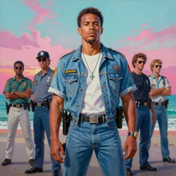 an oil painting of crockett and tubbs, eighties miami vice, ultra realistic, highly detailed, sunset, masterpiece, cinematic by frank frazetta, greg rutkowski, beeple, yoko taro, christian macnevin, beeple, wlop, krenz cushart, epic fantasy character art, volumetric lighting, cgsociety, pink and teal