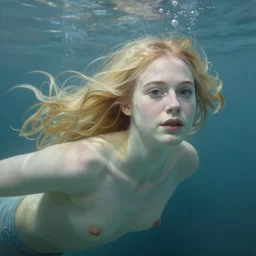 Painting of Elle Fanning underwater, long blonde hair, delicate, pale milky white porcelain skin, by Oda Sonderland. 8K. Extremely detailed.
