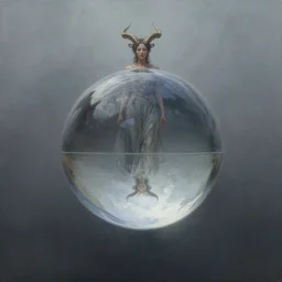 By Tom Bagshaw, ultra realist soft painting render of a centered floating transparent glass sphere, reflection and refraction, symmetry accurate features, very intricate details, deep fog, beautiful horned female in long curvy dress  background, artstation