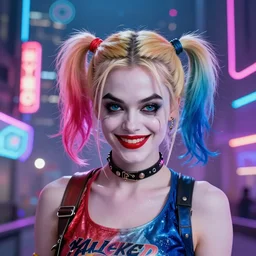harley quinn film still, standing pose, head and shoulder shot, facing camera, pigtails hair, smiling, cyberpunk setting, beautiful cityscape background, neon signs, vibrant colors, holograms, 4k, digital art