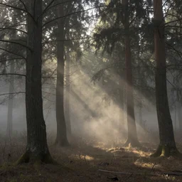highly detailed, intricate stunningly beautiful image of a forest, photorealistic, dusty and smokey, 8k, ethereal, matte painting, stunning atmosphere, morning, beautifully lit by Andrei Riabovitchev and Jacek Szynkarczuk and Zdzisław Beksiński