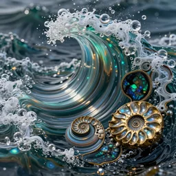 art nouveau cresting oil slick waves, druzy geode, hyperdetailed bubbles in a shiny iridescent oil slick wave, ammolite, black opals, rococo, organic rippling spirals, octane render, 8 k 3 d, spirals, glistening seafoam, abalone, ammonite, bronzed ammonite fossil