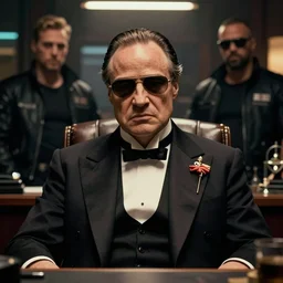 a beautiful picture of a cyberpunk godfather with his bodyguards in his office by greg rutkowski and butcher billy, close up shot, trending on artstation