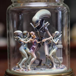 beautiful three point perspective film still of holly herndon xenomorph lab dance scene in aliens, extreme closeup 3 / 4 portrait in style of frontiers in blade runner miniature photography fashion architectural art studio seinen manga edition, real - life porcelain statue in victorian glass jar, pursed lips, anatomically correct, tilt shift background, sharp focus, panavision, 8 k, macro, cinematic style