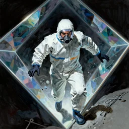 portrait of a scientist in hazmat suit entering the prism dimension by frank frazetta